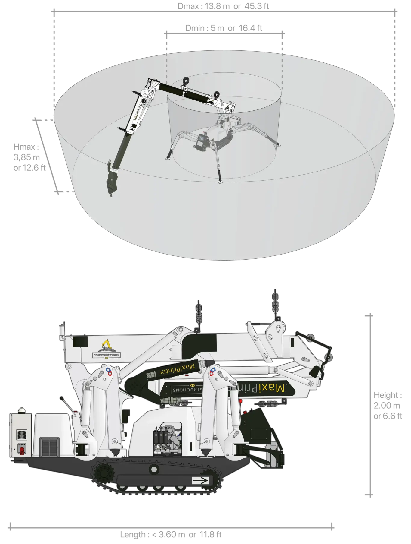 Dimensions and footprint of Constructions-3D 3D concrete printers